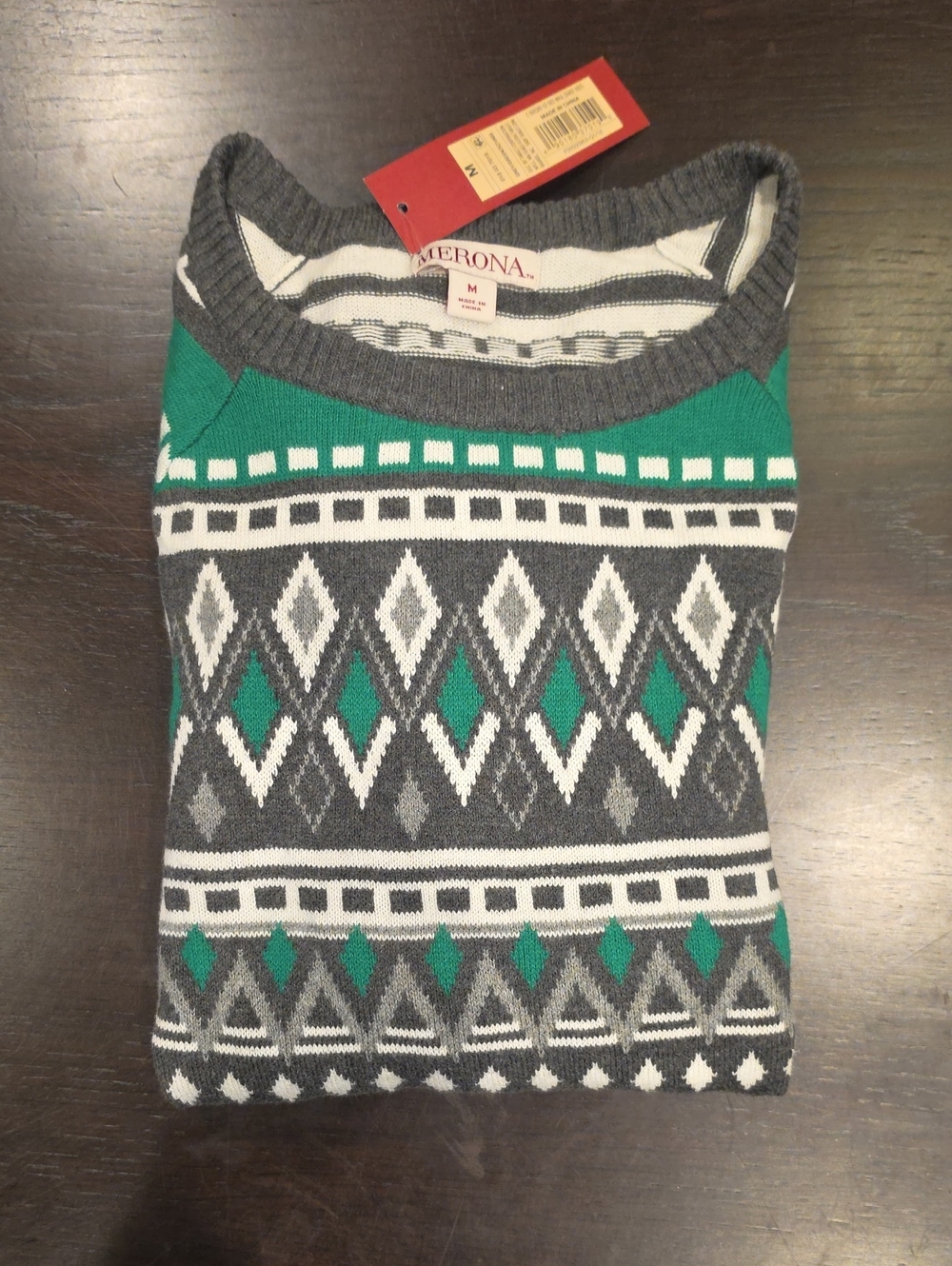 Merona Womans Medium, Gray, Green and White Geometric Crewneck Sweater NWT